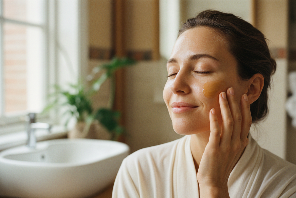 🥇 Lifestyle skin-touch image (MOST suitable)

What it shows

One person (female is fine for skincare)

Clean, healthy, calm skin

Gently touching cheek / applying cream colour do not put white put orange colur

Soft natural light (bathroom / window light)

Why it works

Instantly communicates:

Gentle

Moisturizing

Skin comfort

Matches the words “simple, natural care”

👉 This is the #1 choice for this exact copy. can you generate this image for me ? the person not too ai